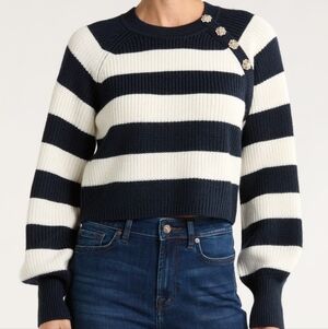 Cinq à Sept Size Medium Blue Cream Keren Button Shoulder Sweater MSRP $295